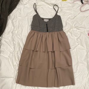 Brown and gray mini dress with ruffles and spaghetti straps, size medium